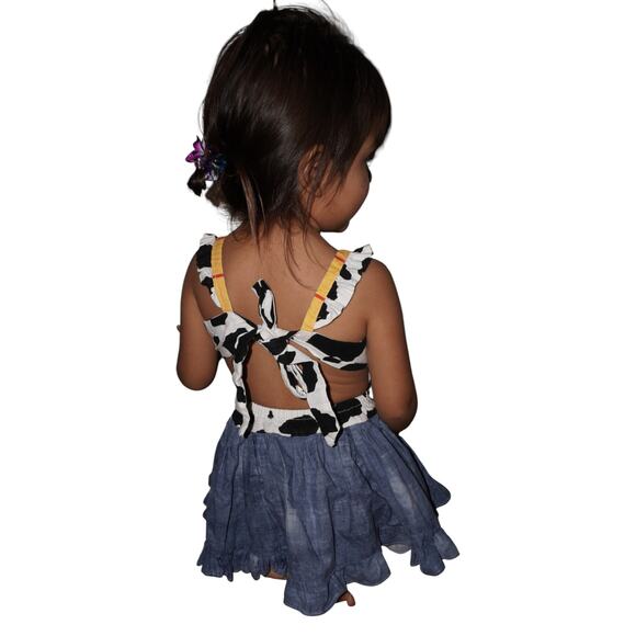 Woody Inspired Cow Print Denim Ruffle Dress Toddler 2T 3T Toy Story Costume - Picture 2 of 9